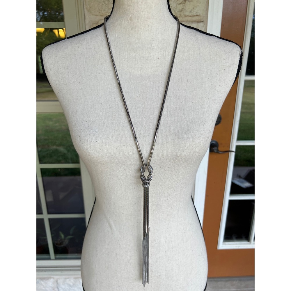 Lydell NYC Gunmetal Snake Chain Lariat Necklace Pave Crystal Knot Tassel Long